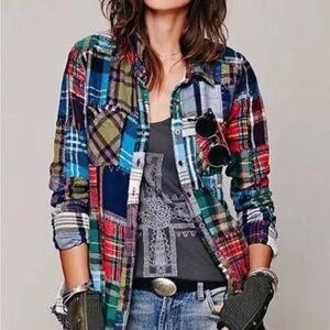 Free People We The Free Lost in Plaid Patchwork Flannel Button-Down